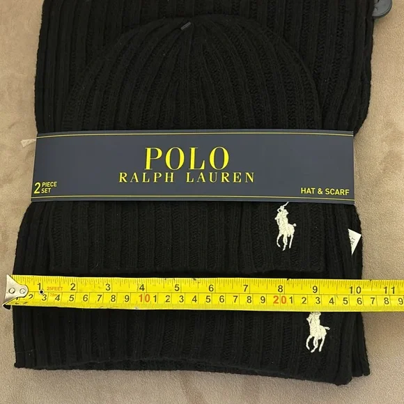 Polo Ralph Lauren Hat & Scarf set-35% wool -Black with white logo